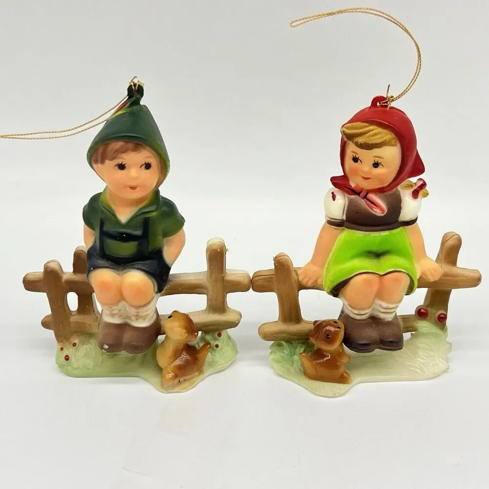 VTG 70s Hong Kong Plastic Christmas Ornament Children Mice Hummel Style Lot of 7